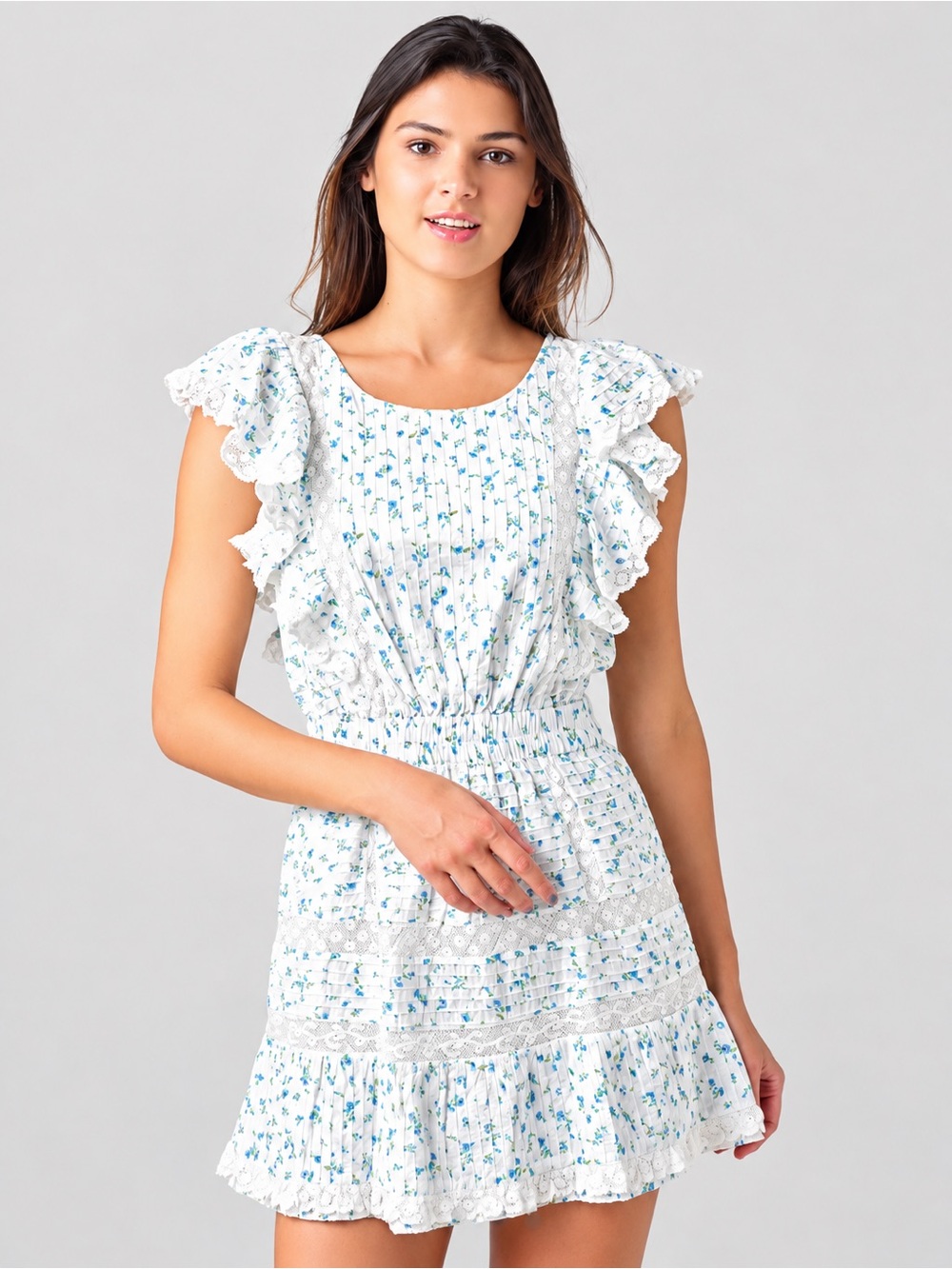 LoveShackFancy Roberta White Blue Floral Lace Mini Dress Size M
